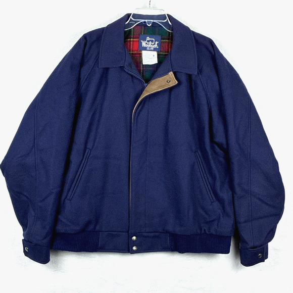 VTG Woolrich Wool Bomber Jacket Mens XL Navy Full Zip Plaid Lined Outdoor USA
